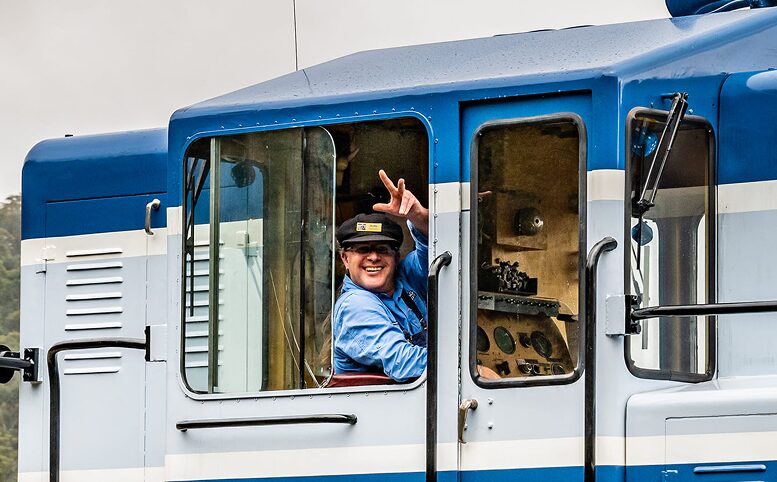 Train driver waving